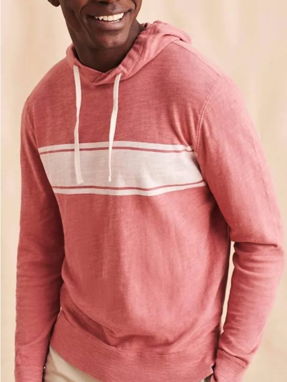 Faherty surf stripe Dusty Pink Hooded Long-Sleeve with White Chest Stripe